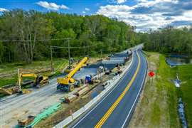 鸟瞰图扩大双车道道路一条四车道的高速公路与起重机等重型建筑设备停在周末前完成小桥在马里兰州美国